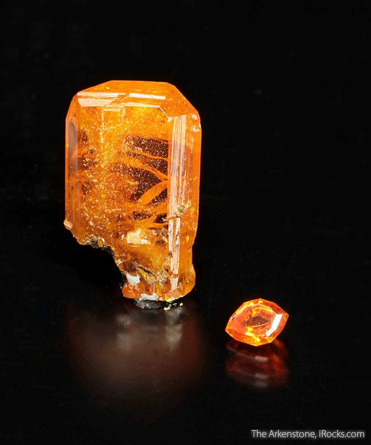 rough and cut set, wulfenite - Red Cloud Mine, Arizona