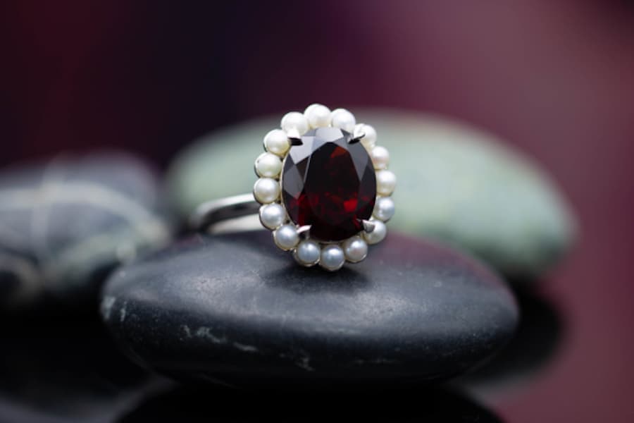 garnet with seed pearl halo - engagement ring setting