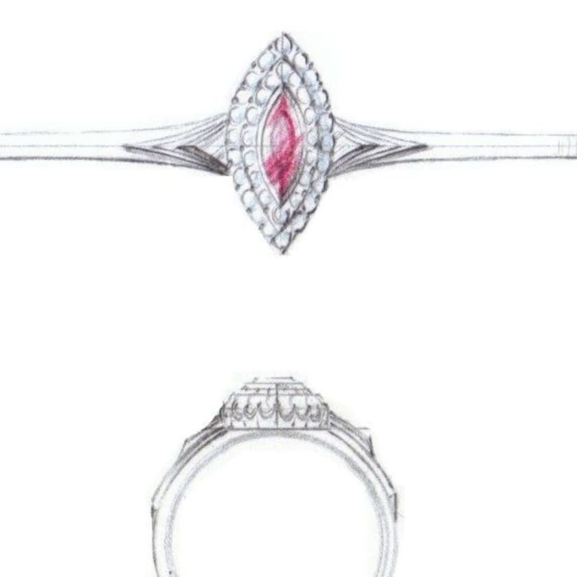 ruby double halo with chevrons - vintage engagement rings